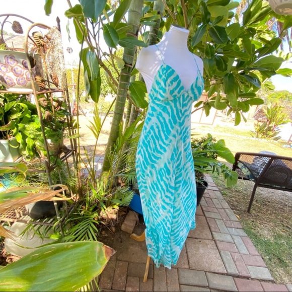 Guess Los Angeles  long aqua and white spaghetti strap elastic waist dress sz L - Picture 13 of 13